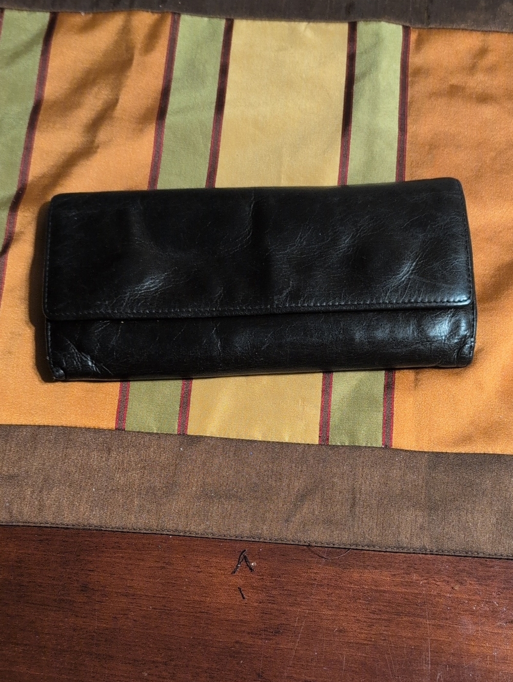 Vintage Hobo Black Leather Foldover Clutch with Paisley Lining